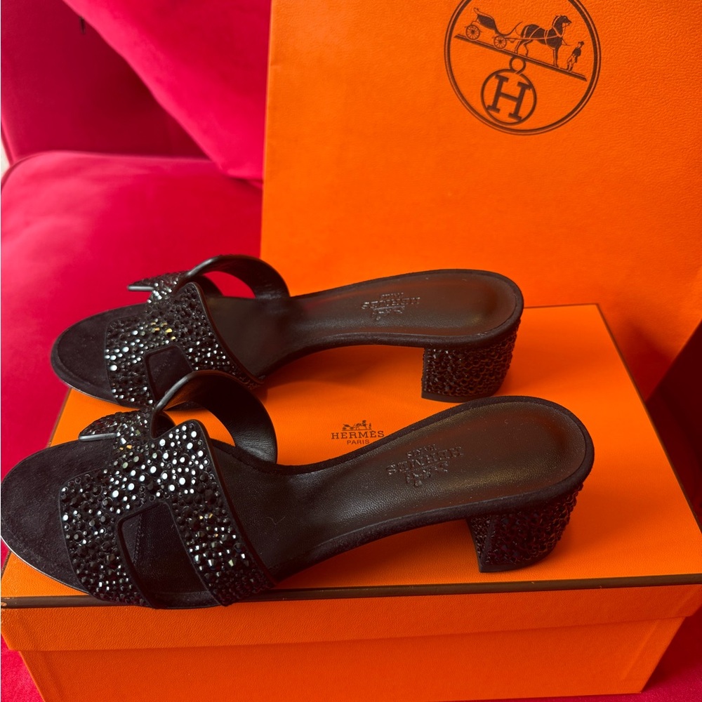 Hermès Black Heels with Crystal Embellishments